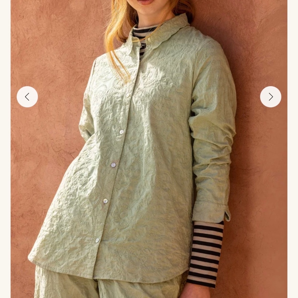 New Gudrun Sjödén “Kinari” Embroidered Shirt – Size S, 100% Organic Cotton